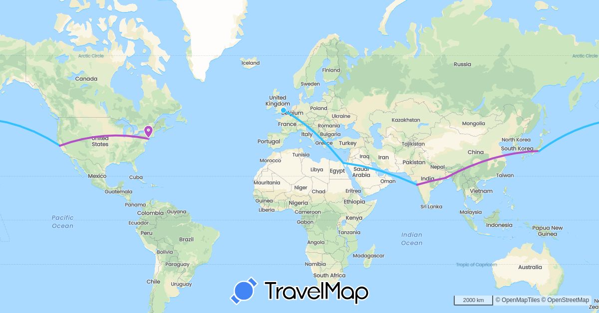 TravelMap itinerary: driving, train, boat in Egypt, United Kingdom, India, Japan, United States (Africa, Asia, Europe, North America)